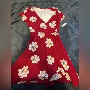 Red Floral Faux Wrap Dress